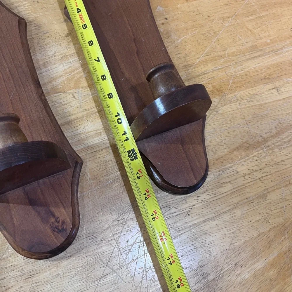 Vtg Pair Wood Wall Sconces Taper Candle Holders Dark Brown Colonial Rustic 15